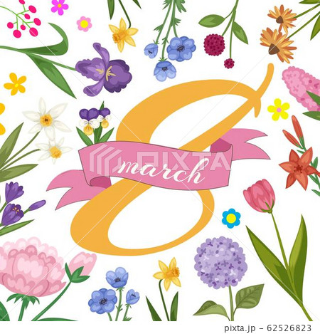 8 march women international woman day decorated with spring flowers congratulation card vector illustration. 62526823