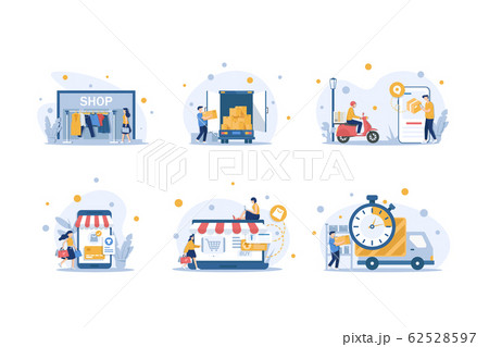 Modern flat design concept of online shopping with small people,mobile website development. UI and UX design,Delivery man ride Motorcycle and Order from phone 62528597