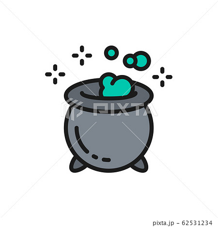 Magic potion pot for witches, halloween cauldron flat color line icon. Magic potion pot for witches, halloween cauldron flat color line icon. 62531234