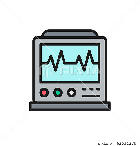 EKG machine with pulse, ICU monitor, electrocardiograph flat color line icon. 62531279