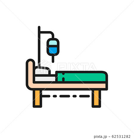 Hospital bed with medical equipments, intensive care flat color line icon. 62531282