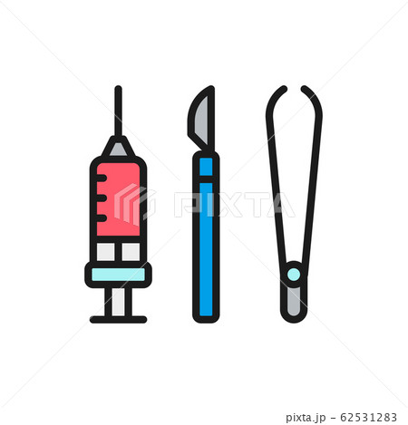 Instruments for surgery, medical scalpel, tweezers flat color line icon. 62531283
