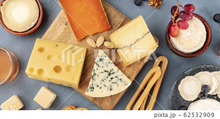 Cheese variety, top panoramic flat lay. Various cheeses, shot from the top 62532909