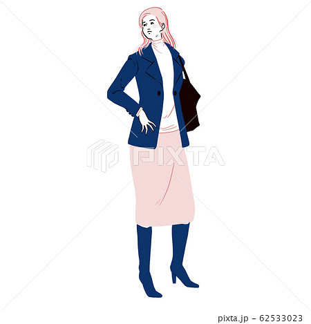 スタイリッシュな女性のイラスト 全身 ロングプーツを履いている若い女性 のイラスト素材