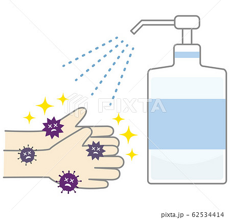 消毒液で消毒する手と菌 殺菌のイラスト素材