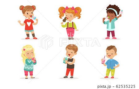 Collection of Cute Happy Boys and Girls Enjoying Eating Ice Cream and Drinking Sweet Cocktails Vector Illustration on White Background Collection of Cute Happy Boys and Girls Enjoying Eating Ice Cream and Drinking Sweet Cocktails Vector Illustration on White Background 62535225