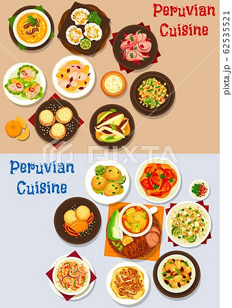 Peruvian cuisine fish, meat and vegetable dishes 62535521