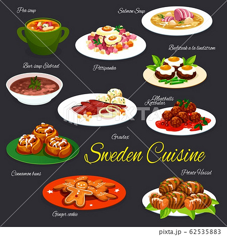 Swedish food of fish, meat, veggies and pastries 62535883