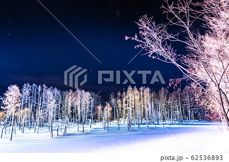 北海道 冬の美瑛 青い池ライトアップの写真素材