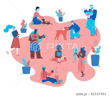 Pet owner people in outdoor park - flat cartoon poster 62537401