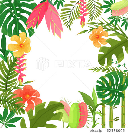 Beautiful frame with jungle leaves, flowersのイラスト素材