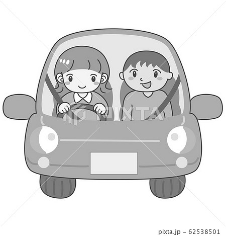 モノクロ 女性 男性 車 運転 可愛い シンプル 正面のイラスト素材