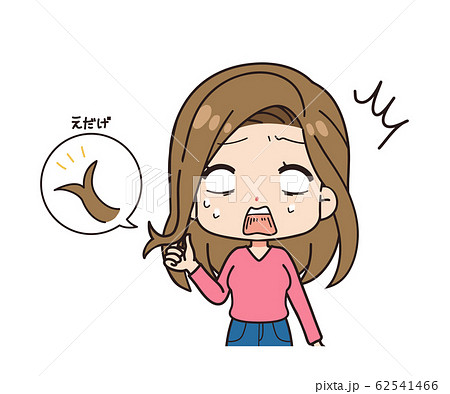 枝毛にショックを受ける女性の正面イラスト 上半身のイラスト素材