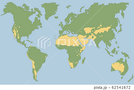 Worlds largest deserts like Sahara, Gobi, Kalahari, Arabian, Patagonian and Great Basin Desert. Global map with yellow desert climate. Vector illustration. 62541672