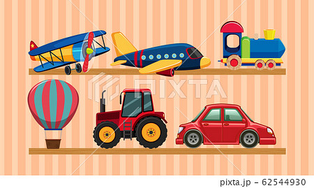 Many transportation toys on wooden shelves 62544930