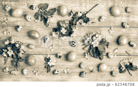Easter festive flat lay layout of Apple tree twigs and flowers, quail and hen eggs on wooden table background. Retro aged monochrome composition. Top view. Easter festive flat lay layout of Apple tree twigs and flowers, quail and hen eggs on wooden table background. Retro aged monochrome composition. Top view. 62546708