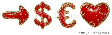 Symbol collection arrow, dollar, euro, heart made of golden shining metallic. Collection of gold shining metallic with red paint symbol isolated on white background. 3d 62547063