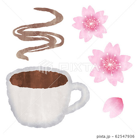 コーヒーと桜の花 春のカフェ 水彩風イラストのイラスト素材