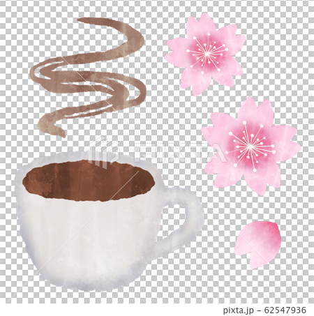 コーヒーと桜の花 春のカフェ 水彩風イラスト コーヒーと桜の花 春のカフェ 水彩風イラスト 62547936