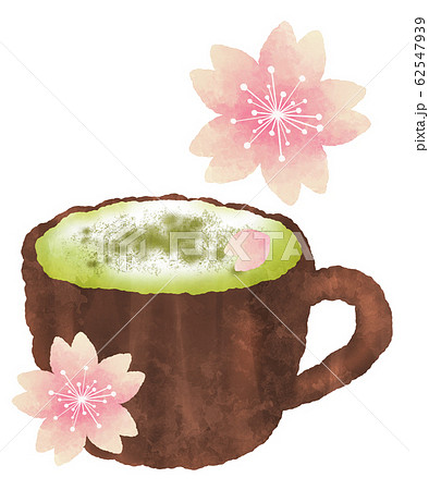 抹茶ラテと桜のイラスト 水彩風のイラスト素材