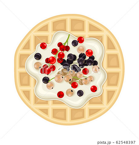 Rounded Waffle with Textured Surface and Creamy Topping with Berries Top View Vector Illustration 62548397