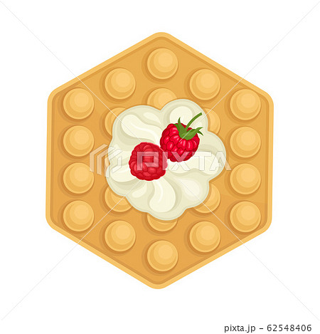 Rounded Waffle with Textured Surface and Creamy Topping with Raspberry Vector Illustration Rounded Waffle with Textured Surface and Creamy Topping with Raspberry Vector Illustration 62548406