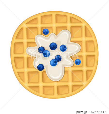 Rounded Waffles with Textured Surface and Creamy Topping with Blueberries Vector Illustration 62548412