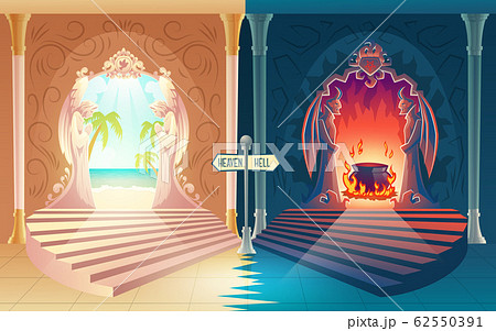 Heaven and hell entrances cartoon concept 62550391