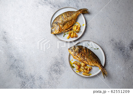 Grilled sea bream or dorada on gray plate. Gray background Grilled sea bream or dorada on gray plate. Gray background 62551209