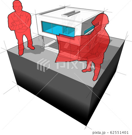 diagram of a modern house/functionalistic villa and architect with happy smiling man standing in front of it diagram of a modern house/functionalistic villa and architect with happy smiling man standing in front of it 62551401