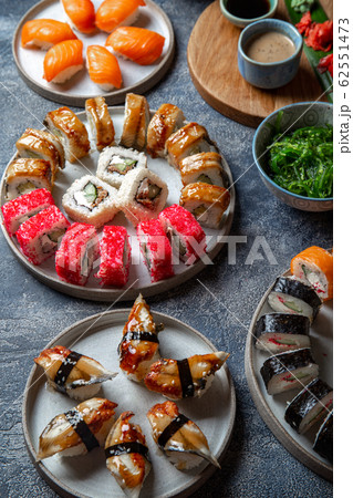 Sushi and rolls sets. Japonese food. top view 62551473