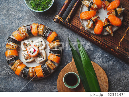 Sushi and rolls sets. Japonese food. top view Sushi and rolls sets. Japonese food. top view 62551474