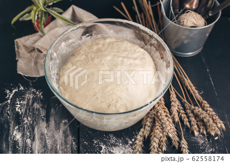 Fermented homemade pastry for buns. Close-up Fermented homemade pastry for buns. Close-up 62558174