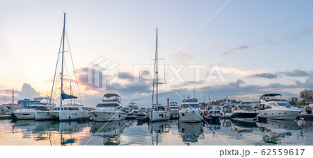 Beautiful sunset in the sea harbor with moored yachts. 62559617