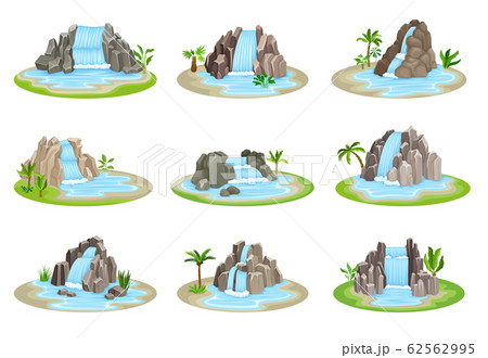 Low Tropical Waterfalls Rested on Green Rounded Island Spot Vector Set 62562995
