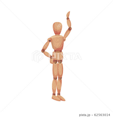 Wooden Man Standing with His Arm Raised Isolated on White Background Vector Illustration 62563014