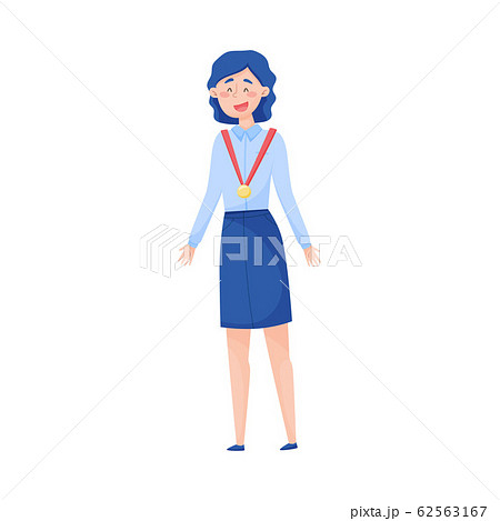 Young Woman Standing with Golden Medal Hanging from Her Neck Cheering About the Victory Vector Illustration 62563167