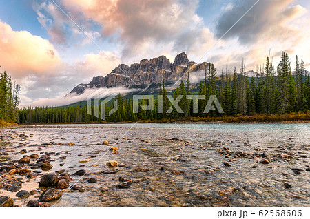 Castle mountain and bow river in the morning at Castle mountain and bow river in the morning at 62568606