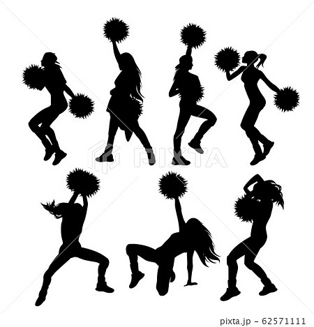 Cheerleader Girls With Pom Poms Black And White のイラスト素材