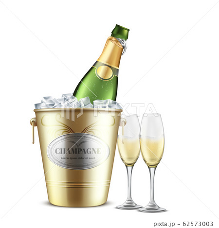 Opened champagne bottle in bucket with ice 62573003