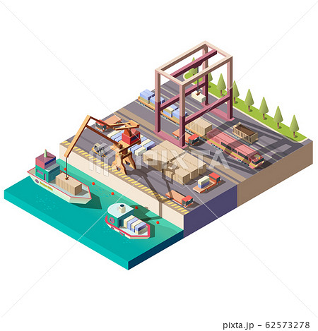 Cargo ship unloading in seaport isometric 62573278