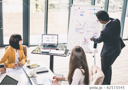 Group Of Business People Listening To Colleague Addressing Office Meeting. Young African man in suit showing financial report at whiteboard. Business, teamworking concept 62573545