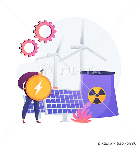 Atomic reactor, windmill and solar battery, energy production vector concept metaphor. Atomic reactor, windmill and solar battery, energy production vector concept metaphor. 62575836