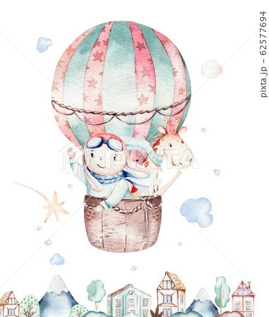 Watercolor balloon set baby cartoon cute pilot aviation illustration. sky transport balloons with giraffe and elephant, koala, bear and bird, clouds. childish baby boy shower illustration 62577694