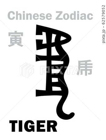 Astrology Alphabet: TIGER - sign of Chinese Zodiac. Also: White Tiger, Legendary auspicious beast, Guardian of The West, Lord of mountains and wild beasts. Character, hieroglyphic sign (symbol). 62579052