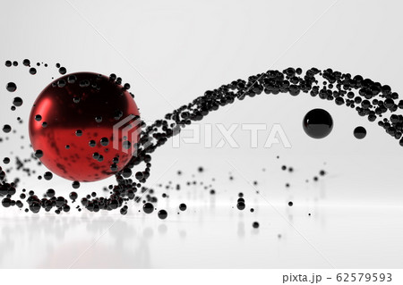 Abstract stream of black glossy spherical particles reflected from a large red metal sphere. Scifi 3d illustration with copyspace 62579593