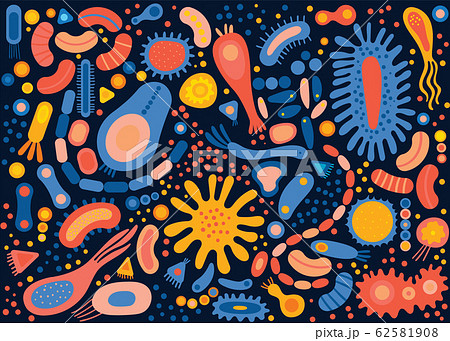 Big set with different types of microorganisms.Abstract collection of shapes microscopic viruses, bacterias, microbes, protists. Colored flat vector illustration isolated on background 62581908