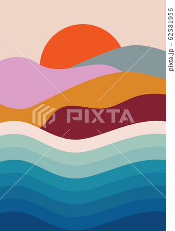 Colorful background with landscape, abstract mountains. Abstract colored backdrop with hand-drawn elements or curves. Creative vector illustration - poster design. Colorful background with landscape, abstract mountains. Abstract colored backdrop with hand-drawn elements or curves. Creative vector illustration - poster design. 62581956