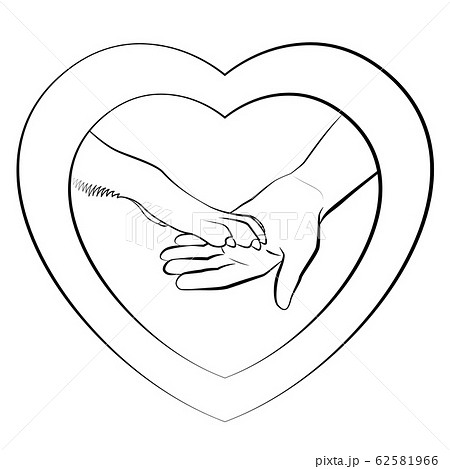 Heart shaped logo with dogs paw and human hand. Dog giving paws. Outline vector illustration on white background. Heart shaped logo with dogs paw and human hand. Dog giving paws. Outline vector illustration on white background. 62581966