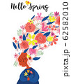 Hello spring. Greeting card with cute cartoon girl and flowers in hair. Use for spring season cards, greeting or for social media. 62582010